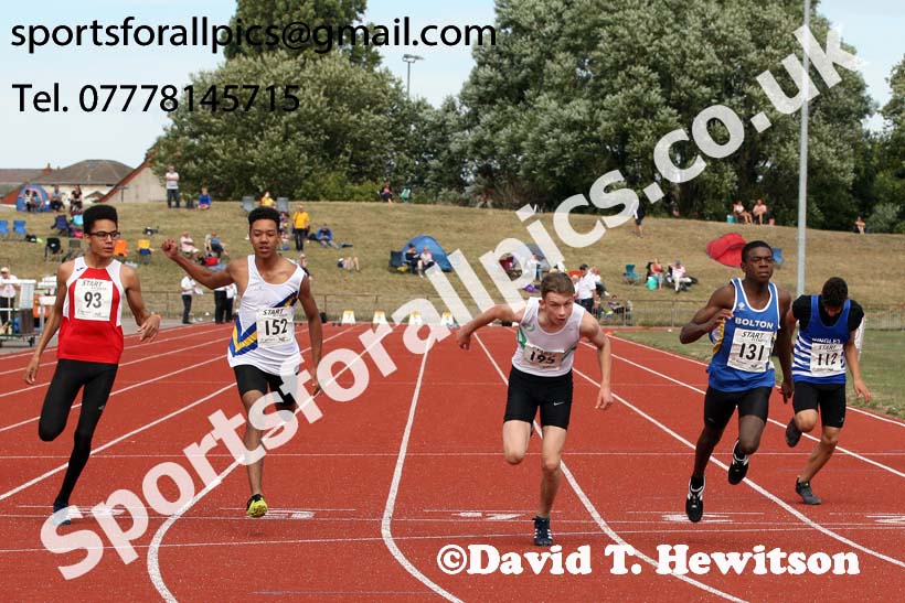 Boys under-15s 100 metres, 2018 Northern Under-17s/U-15s/U-13s Champs., Wavertree Athletics Centre, Liverpool. Photo: David T. Hewitson/Sports for All Pics